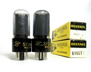 Matched PAIR 6V6GT Sylvania Canada NOS Tubes Smoked Glass Black Oval Plates Amp 2