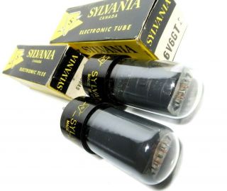 Matched PAIR 6V6GT Sylvania Canada NOS Tubes Smoked Glass Black Oval Plates Amp 3