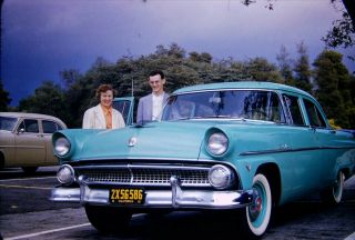 2 Vintage 1955 Color Photo Slides Of 1955 Ford Model Customline California Plate