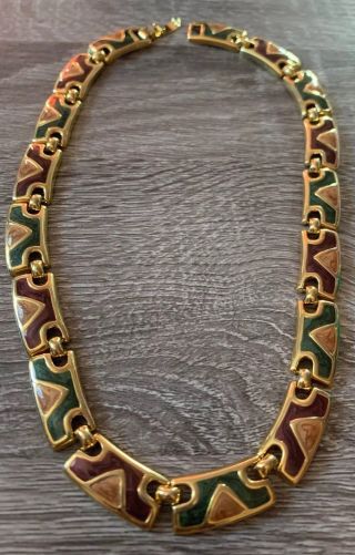Vintage Gold Toned Choker Necklace With Brown Tones And Green Enamel - 15 " Long