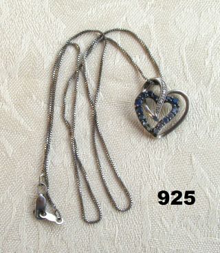 Estate Vintage 925 Sterling Silver Necklace W/ Sapphire & Diamond Heart Pendant