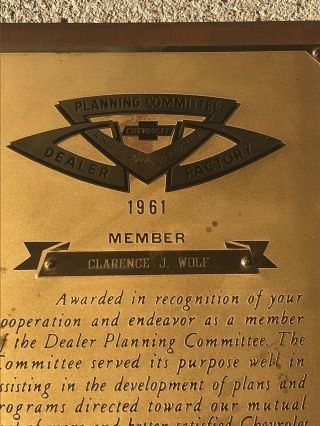 1961 CHEVROLET DEALER PLANNING COMMITTEE FACTORY ISSUED DEALER PLAQUE AWARD 61 2