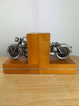 Vintage 2003 Harley Davidson Motorcycle Wood & Metal Book Ends Hallmark