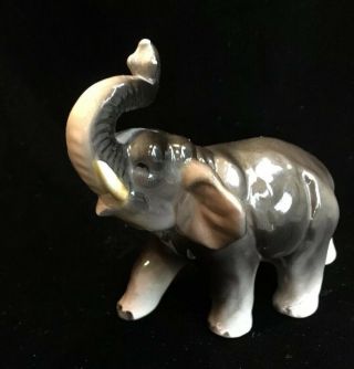 Vintage Ceramic Gray Iridescent Elephant Trunk Up Good Luck Figurine Japan 3.  5”