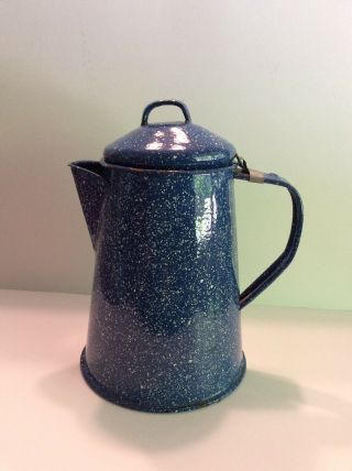 Vintage Blue White Speckled Enamelware Coffee Pot Kettle Cabin 8” Hinged Lid