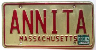 Massachusetts 1982 Vanity License Plate Anita