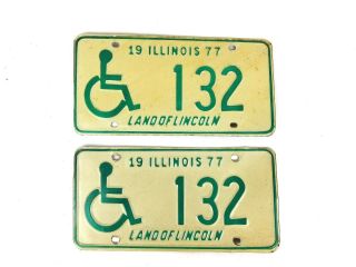1977 Illinois Matching Pair Handicap License Plates Tag 132 Vintage Man Cave