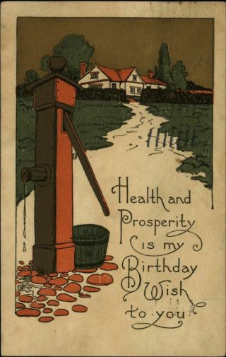 Birthday Arts And Crafts Hand Water Pump Wooden Bucket 1914 Vintage Postcard
