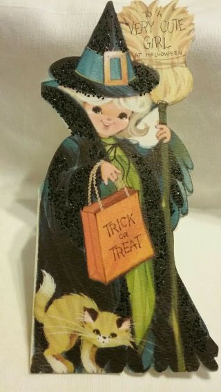 Vintage Witch With Broom & Cat Halloween Hallmark Greeting Card