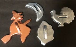 4 Vtg.  Halloween/fall Metal Aluminum Cookie Cutters Leaf Witch Crescent Turkey