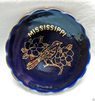 State Of Mississippi Bird Flower Blue Ceramic Souvenir Dish By Dixie Japan