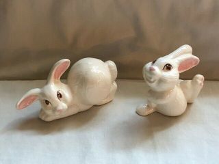 Vintage Pair Ceramic Bunny Rabbit Figurines White Cute Playing