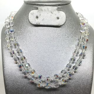 Signed Laguna Vintage 2 Strand Faceted Aurora Borealis Crystal Necklace 13 Inch