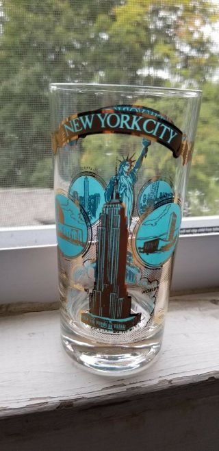 Vintage 50s Or 60s Aqua And Gold York City Glass