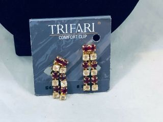 Vtg.  Trifari Nwt’s Red & Clear Pronged Rhinestone Gold Tone Clip On Earrings