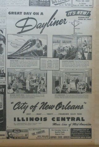 1947 Newspaper Ad For Illinois Central Rr - City Of Orleans,  Great Dayliner