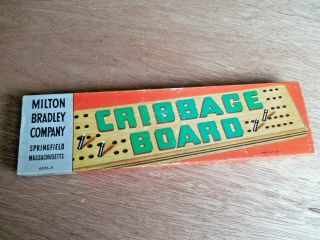 Vintage Milton Bradley Wooden Cribbage Board Complete W Metal Pegs Instructions