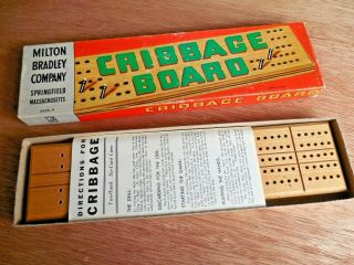 Vintage Milton Bradley Wooden Cribbage Board Complete w Metal Pegs Instructions 2