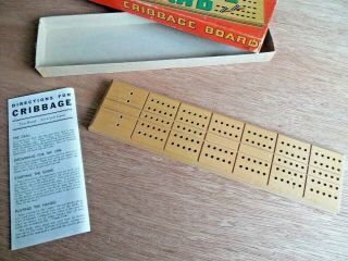 Vintage Milton Bradley Wooden Cribbage Board Complete w Metal Pegs Instructions 3