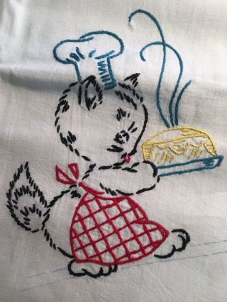 Vintage Embroidered Flour Sack Towel Dresser Scarf Kitten Cat Baking Pie Cake
