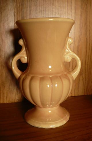 Vintage Usa Art Pottery Vase 7 3/4 " Double Handled Light Brown/tan