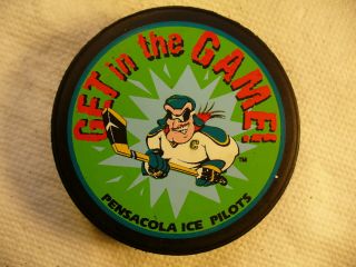Echl Pensacola Ice Pilots Get In The Game Ad Back Logo Hockey Puck Collect Pucks