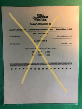 World Championship Wrestling Wcw Official Line - Up Card 1990 Flair Luger Wwf Wwe