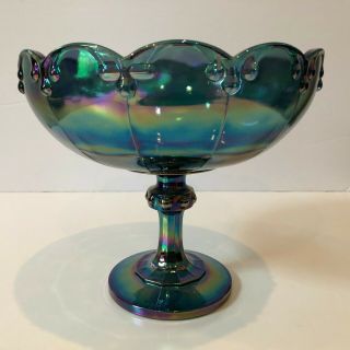 Vintage Carnival Glass Iridescent Blue Pedestal Candy Bowl 7 - 3/4 " Tall