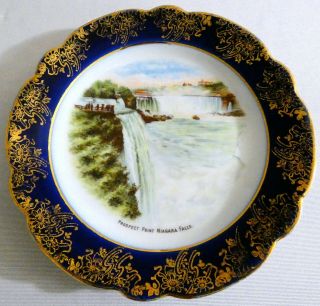 Vintage Niagara Falls Prospect Point Souvenir Plate 6.  25 " Gold & Cobalt Border