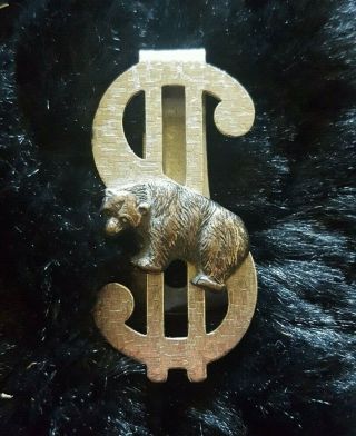 Vintage Alaska Money Clip,  Metal Dollar Sign With Brass Bear,  Approx 2 X 1 Inch