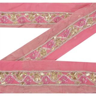 Sanskriti Vintage Deco Sari Border Hand Beaded Craft Trim Décor Ribbon Pink Lace