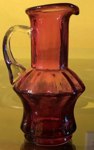 Vintage Hand Blown Cranberry Pink Glass Pitcher W/applied Clear Handle 5”
