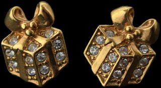 Vintage Avon Gold Tone Christmas Present Pierced Earrings W/ Rhinestone Accents