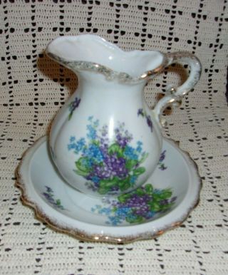 Vintage Hand Painted Lefton China Purple Spring Bouquet Pitcher And Bowl Set