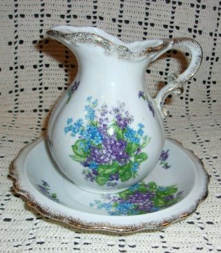 Vintage Hand Painted Lefton China Purple Spring Bouquet Pitcher And Bowl Set 2