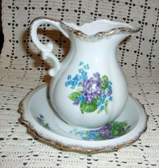 Vintage Hand Painted Lefton China Purple Spring Bouquet Pitcher And Bowl Set 3