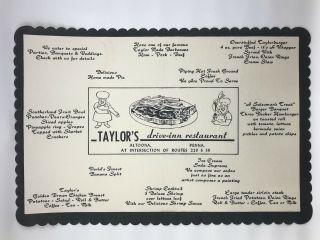 Vintage Paper Placemat From Taylor’s Drive Inn Restaurant Altoona Pennsylvania