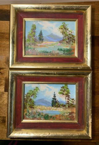 Vintage Hand - Painted Framed Landscapes Acrylic Primitive Folk Art 8x10 Set Of 2