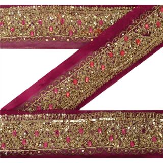 Sanskriti Vintage Purple Sari Border Hand Beaded Indian Craft Trim Decor Lace