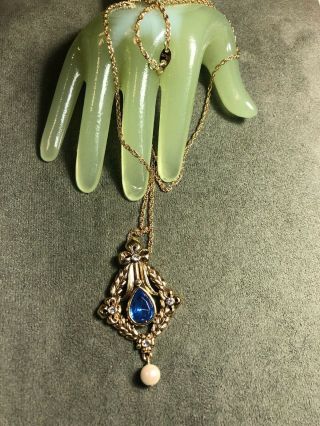 Vintage 28” Goldtone Chain Necklace Blue Rhinestone Beaded Pendant Avon - T