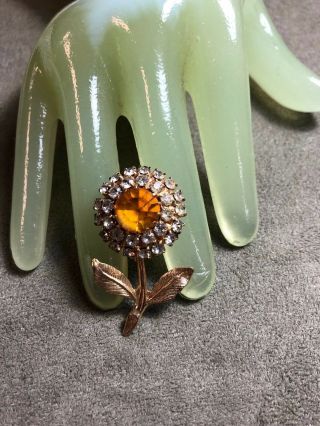 Vintage 1 3/4” Tall Goldtone Clear And Amber Rhinestones Single Flower Pin - A6