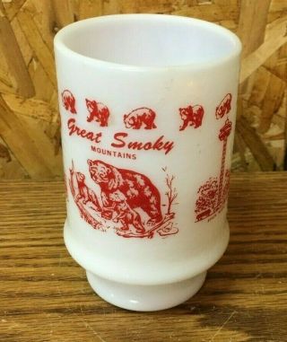 Vintage Milk Glass Coffee Mug Red Print Great Smoky Mountains; Clingman 