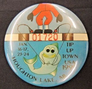 Vintage 1993 Tip Up Town Usa Houghton Lake Michigan Ice Fishing Button Pin Back