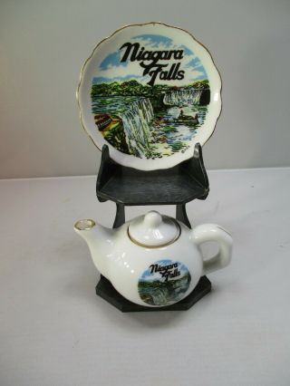 Vtg Miniature Ceramic Porcelain Tea Pot Plate & Stand Niagara Falls Souvenir