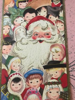 Vintage Christmas Card Glitter Tall Santa With Children From Around The World