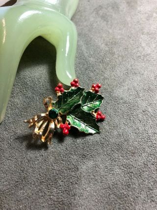 Vintage 2 1/4” Goldtone Enamel Rhinestone Christmas Holiday Holly Art Pin - V