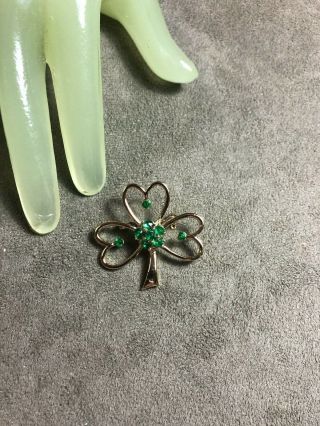 Vintage 1 1/2” Goldtone Green Rhinestone Accented Beatrix Clover Pin - 4