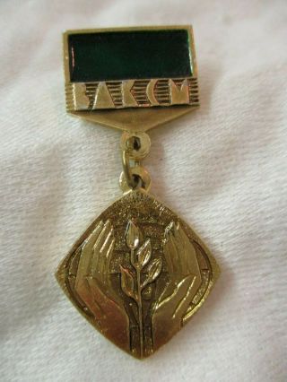 Vintage Russian Bakcm Gold Tone & Green Enamel Pin Medal Hands Around A Sprig
