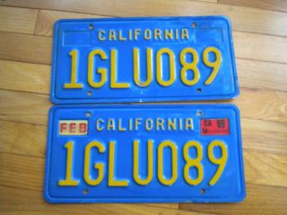 California Blue Yellow Pair Set License Plates Tag 1glu089 Dmv 1980 