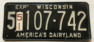 Vintage 1950? 1951 Wisconsin Car License Plate